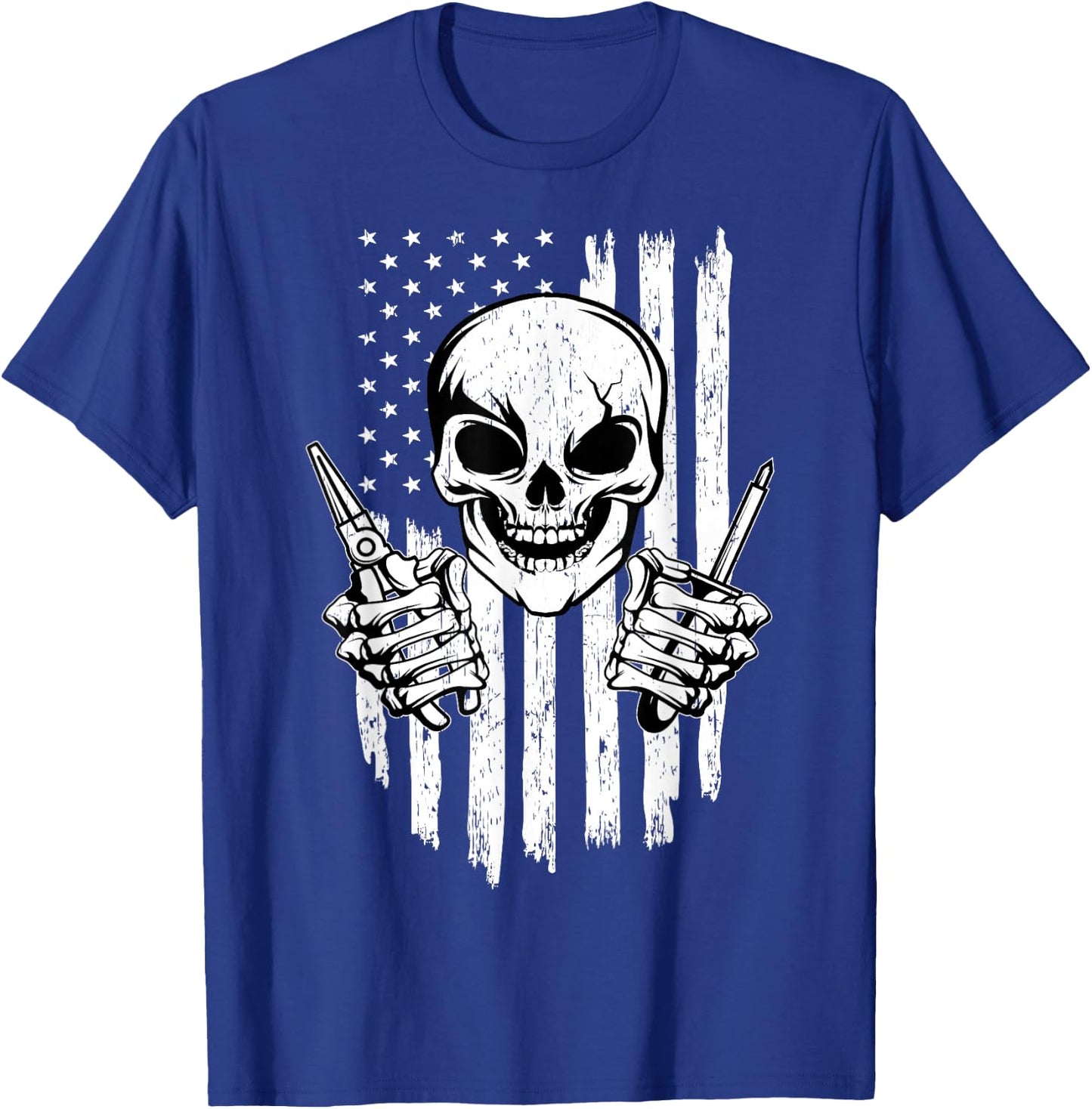 Electrician Skull Electricity Electrical Wiring US Flag T-Shirt - T-Shirt | Royal