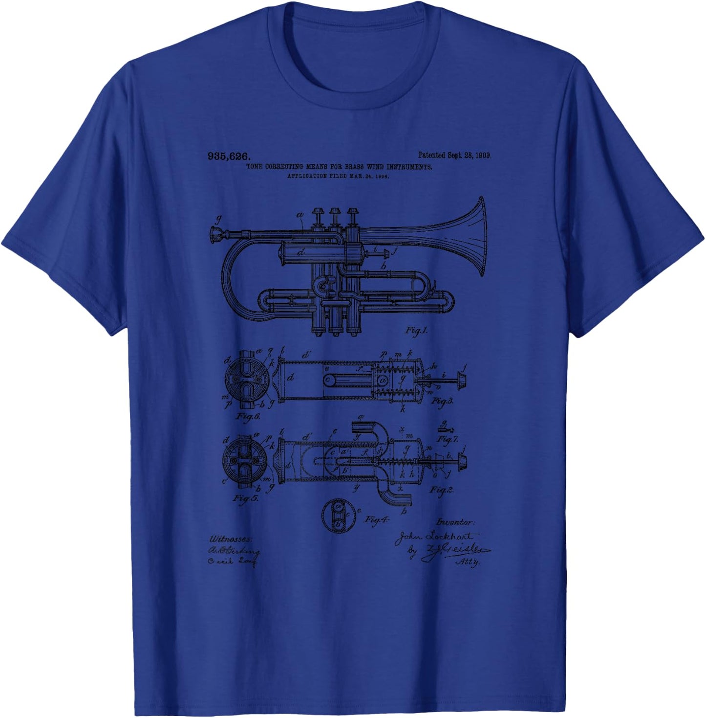 Trumpet Blueprint Vintage Patent Instrument Trumpet Player T-Shirt - T-Shirt | Royal