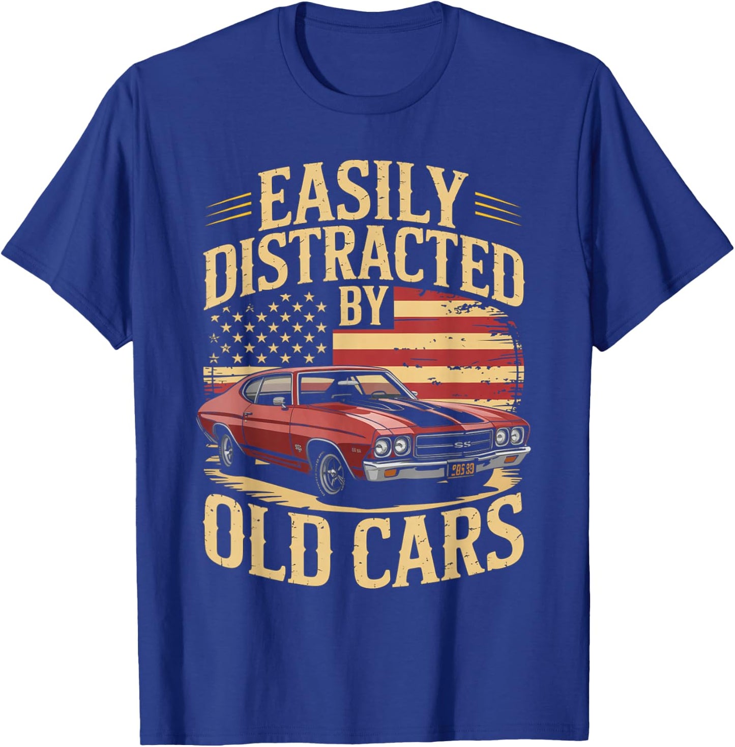 Easily Distracted by Old Cars Muscle Vibe Retro car Lovers T-Shirt - T-Shirt | Royal