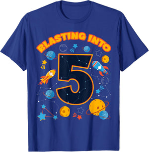 Blasting Into 5 Space Birthday Astronaut 5th Celebration T-Shirt - T-Shirt | Royal