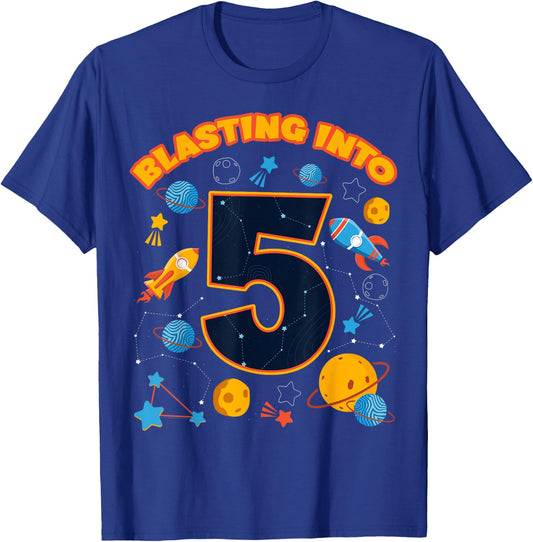 Blasting Into 5 Space Birthday Astronaut 5th Celebration T-Shirt - T-Shirt | Royal