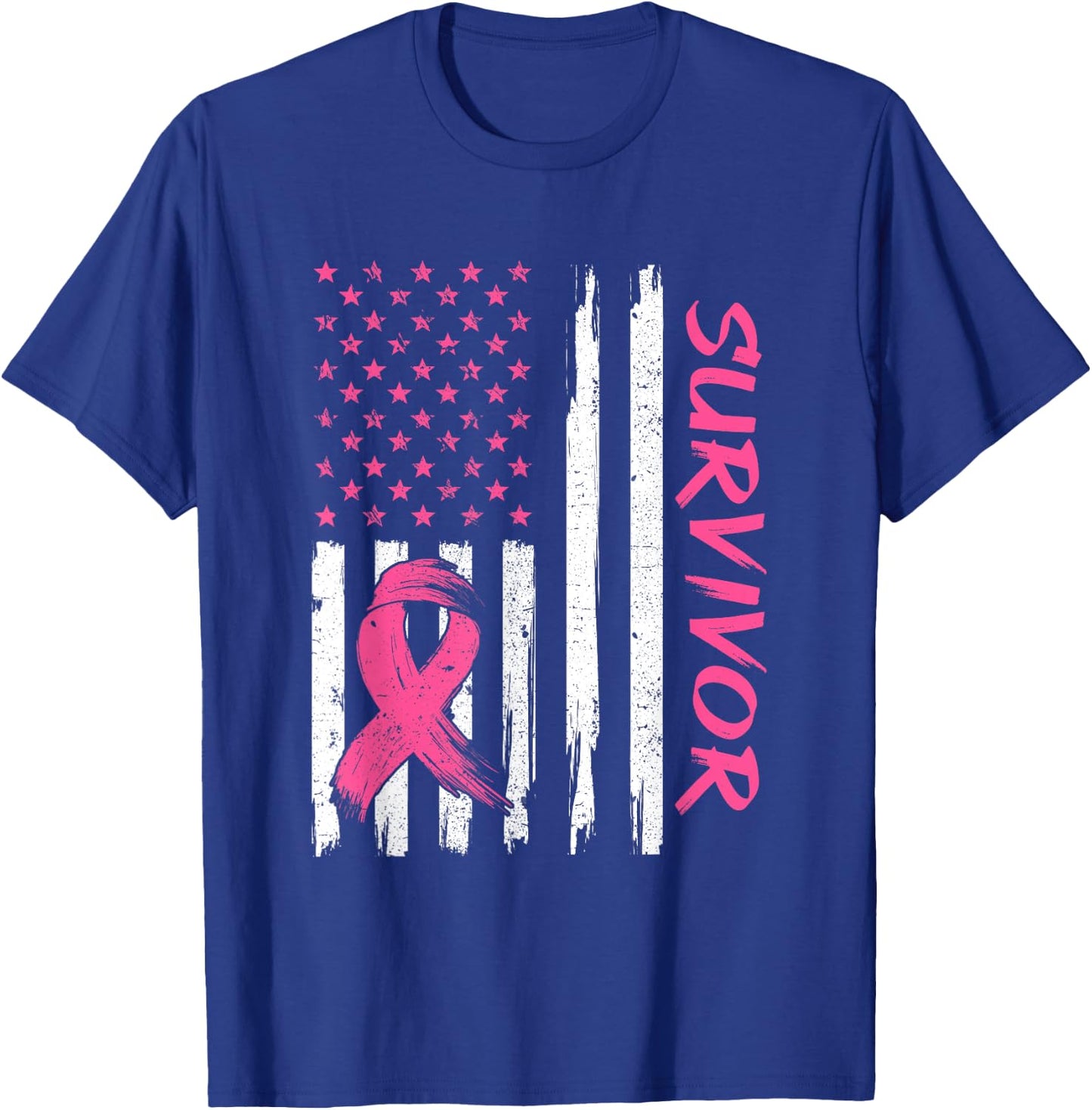 Breast Cancer Survivor American Flag Breast Cancer Awareness T-Shirt - T-Shirt | Royal