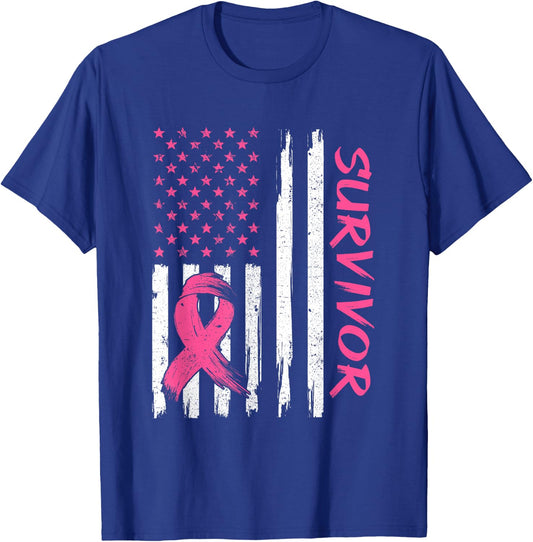 Breast Cancer Survivor American Flag Breast Cancer Awareness T-Shirt - T-Shirt | Royal