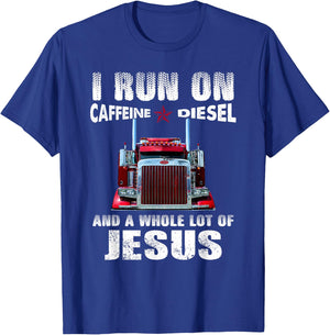 Caffeine Diesel Jesus Christian Trucker Gifts T-Shirt - T-Shirt | Royal