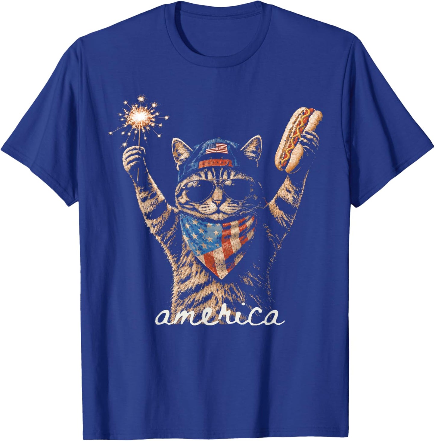 Retro Funny America CatHot Dog Lovers Patriotic US Flag T-Shirt - T-Shirt | Royal