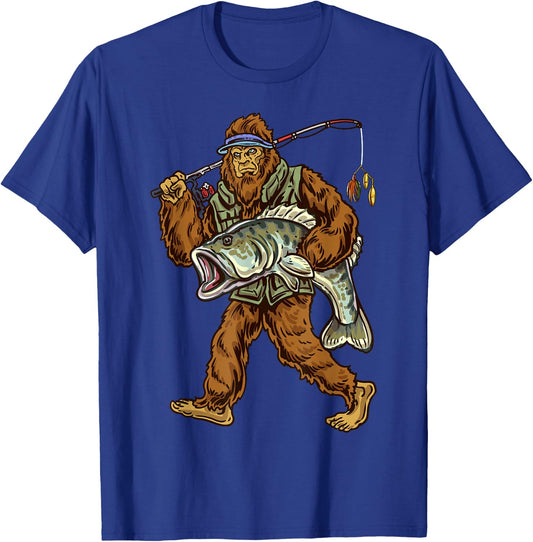 Largemouth Bass Fishing Bigfoot Fisherman T-Shirt - T-Shirt | Royal