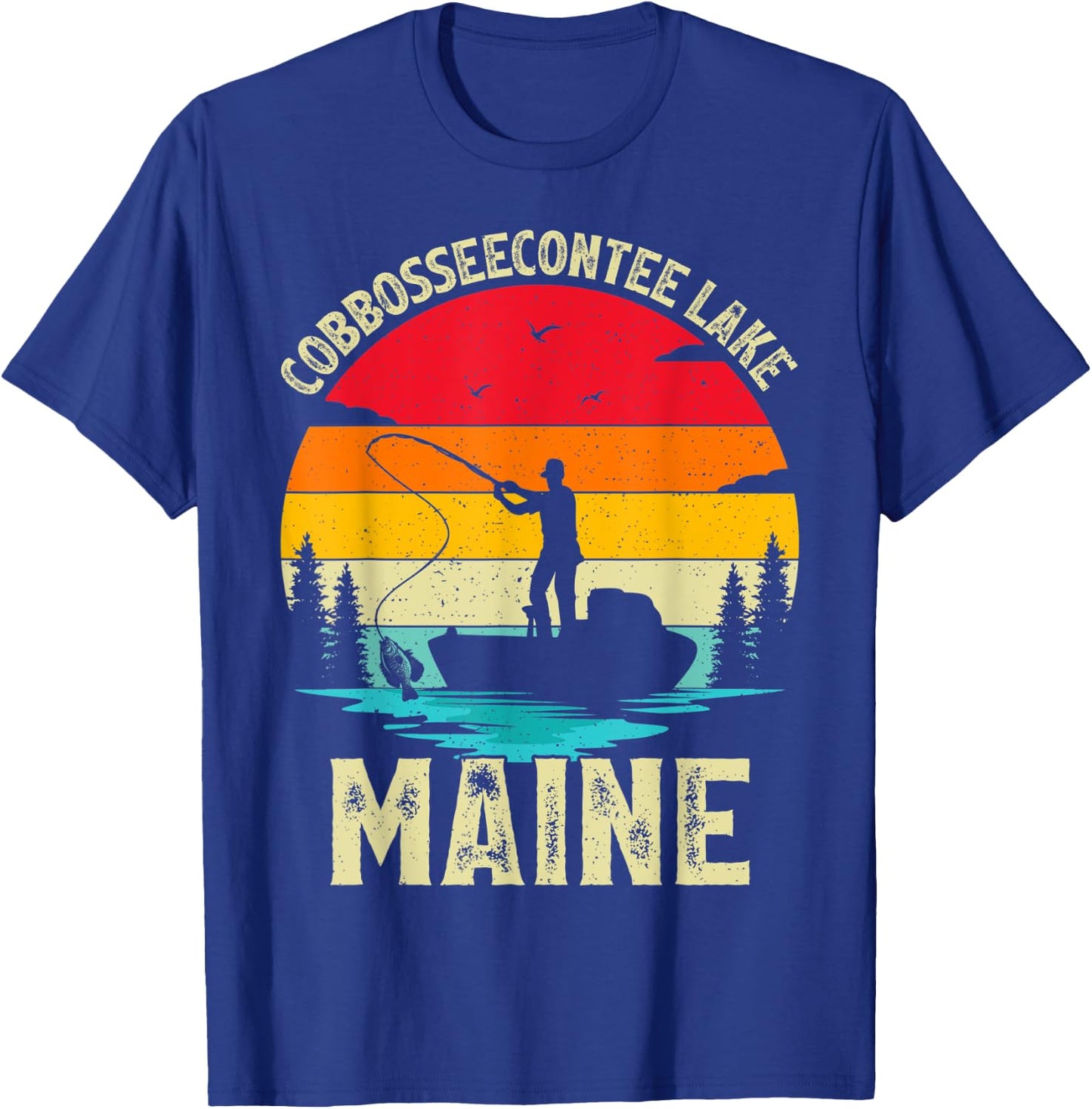 Summer Vacation Fishing Vintage Maine Cobbosseecontee Lake Men Women Kids T-Shirt - T-Shirt | Royal