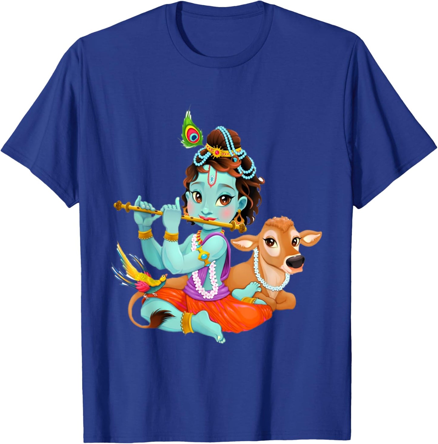 Hindu god Lord Shri Krishna with a Cow and a Bird T-Shirt - T-Shirt | Royal