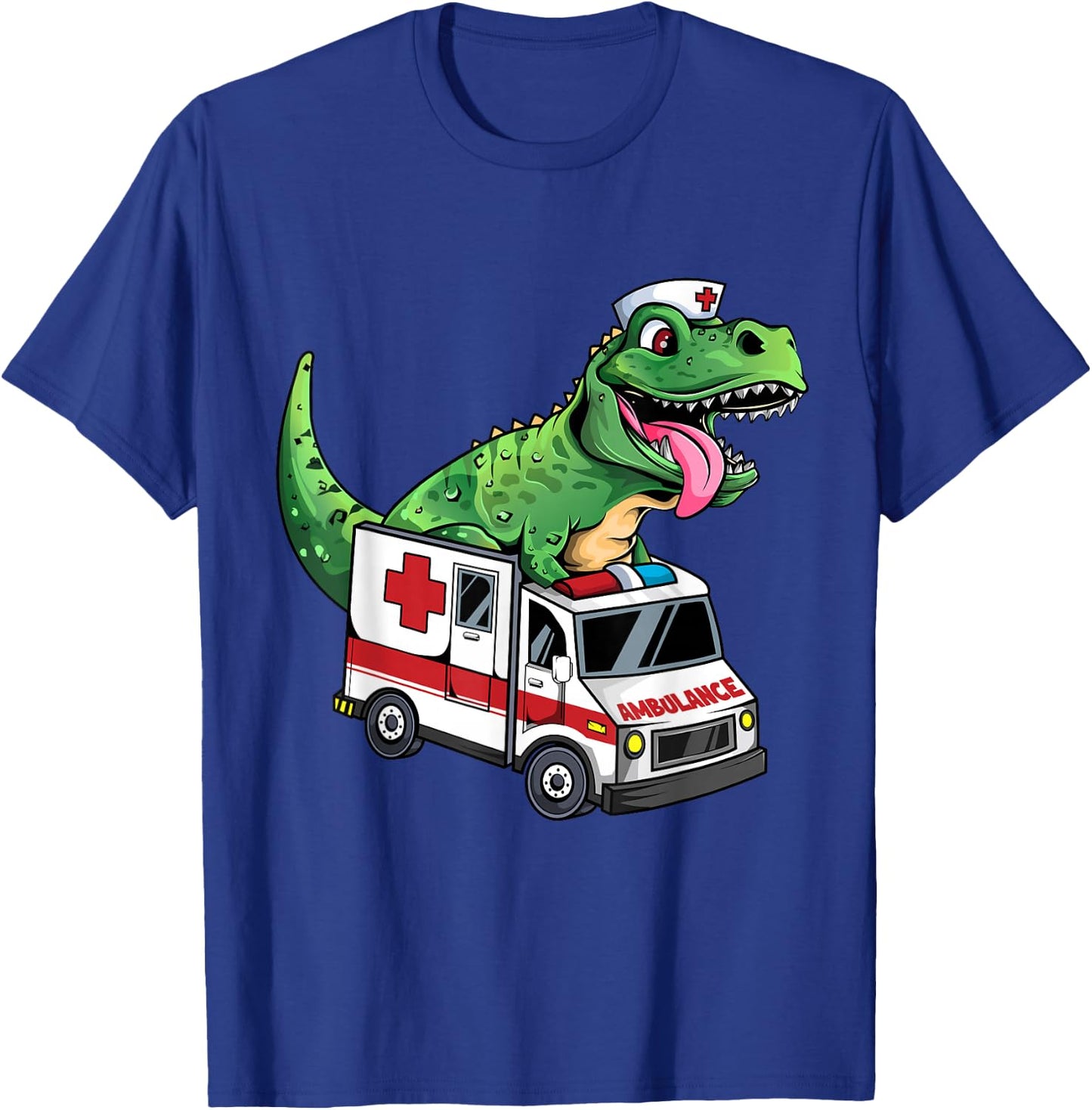 EMT Dinosaur Paramedic Funny Dino T-Rex Riding Ambulance T-Shirt - T-Shirt | Royal