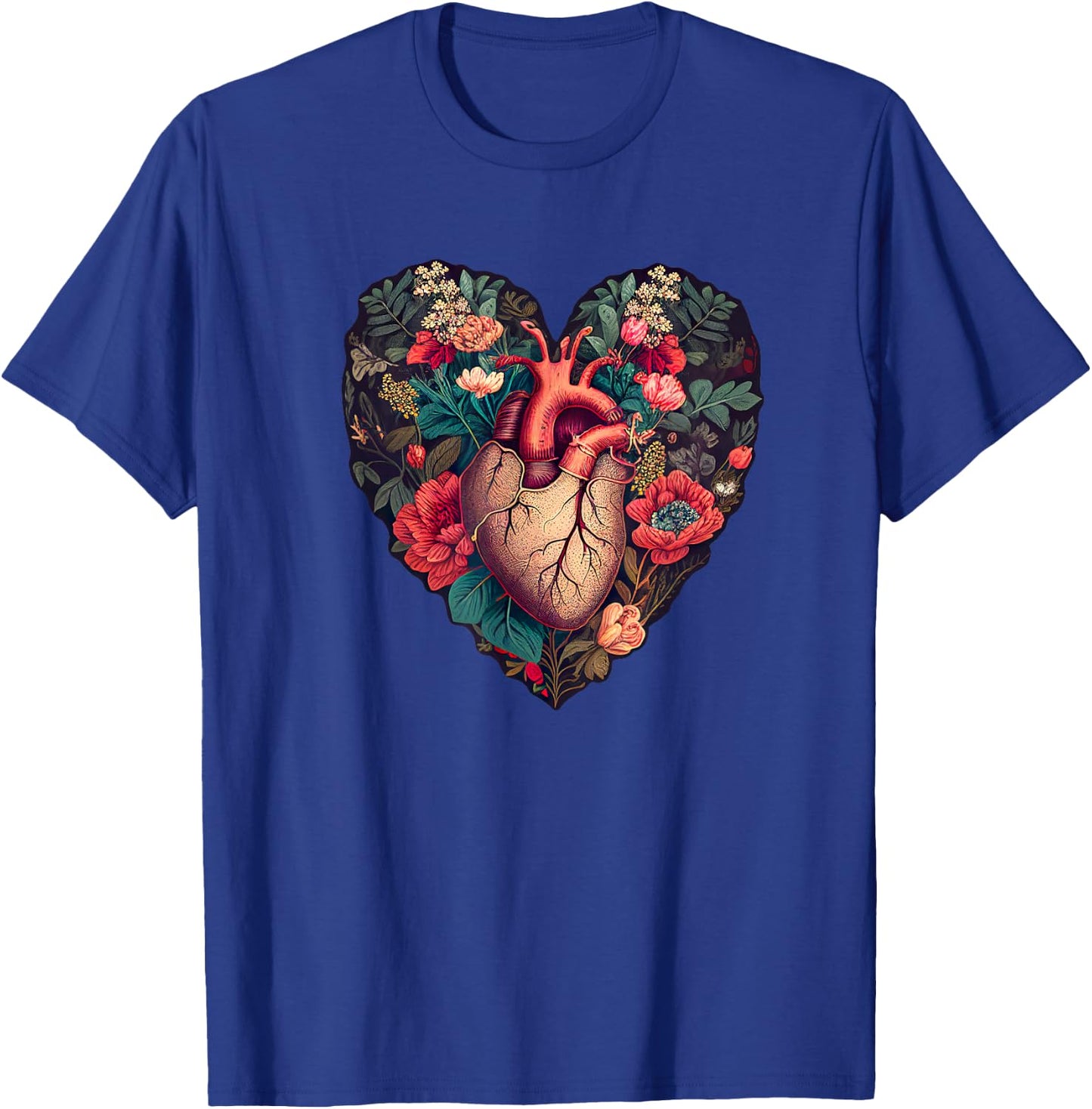 Vintage Anatomical Heart with Flowers for Dark Academia Gift T-Shirt - T-Shirt | Royal