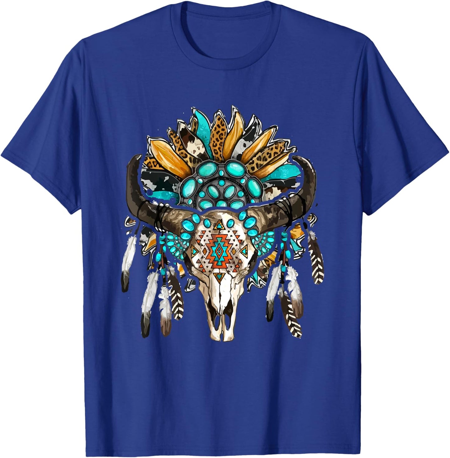 Western Boho Sunflowers Turquoise Cow Bull Skull T-Shirt - T-Shirt | Royal