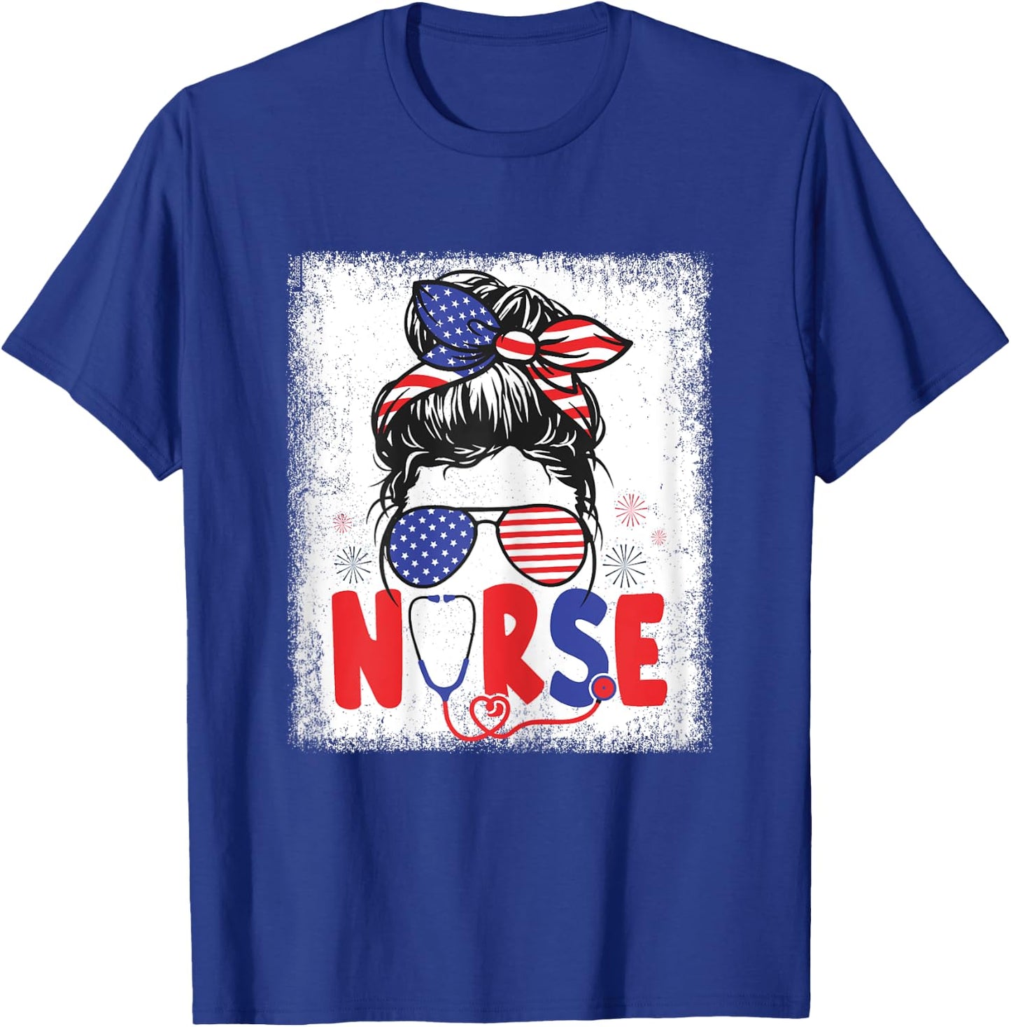 Patriotic Nurse Messy Bun 4th Of July American Flag Nurses T-Shirt - T-Shirt | Royal