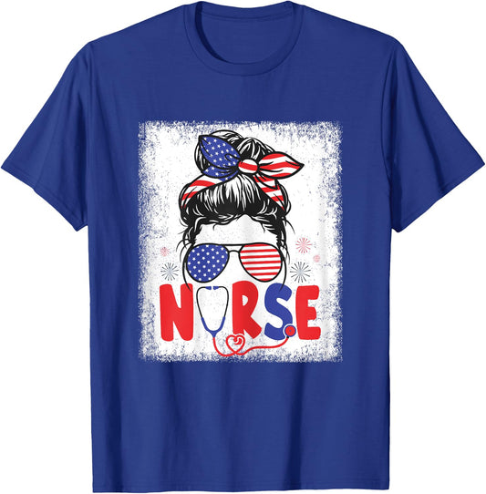 Patriotic Nurse Messy Bun 4th Of July American Flag Nurses T-Shirt - T-Shirt | Royal