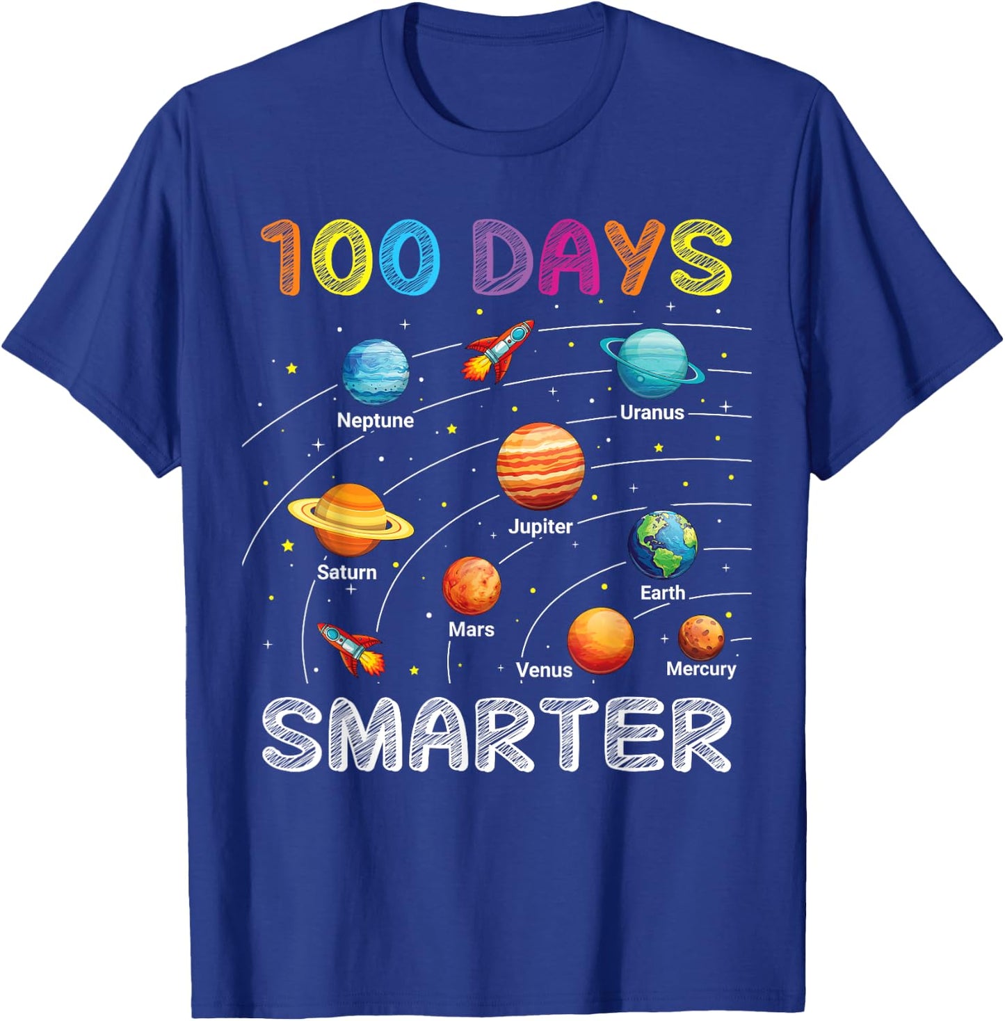 100 Days of School Astronaut Space Planets 100 Days Smarter T-Shirt - T-Shirt | Royal