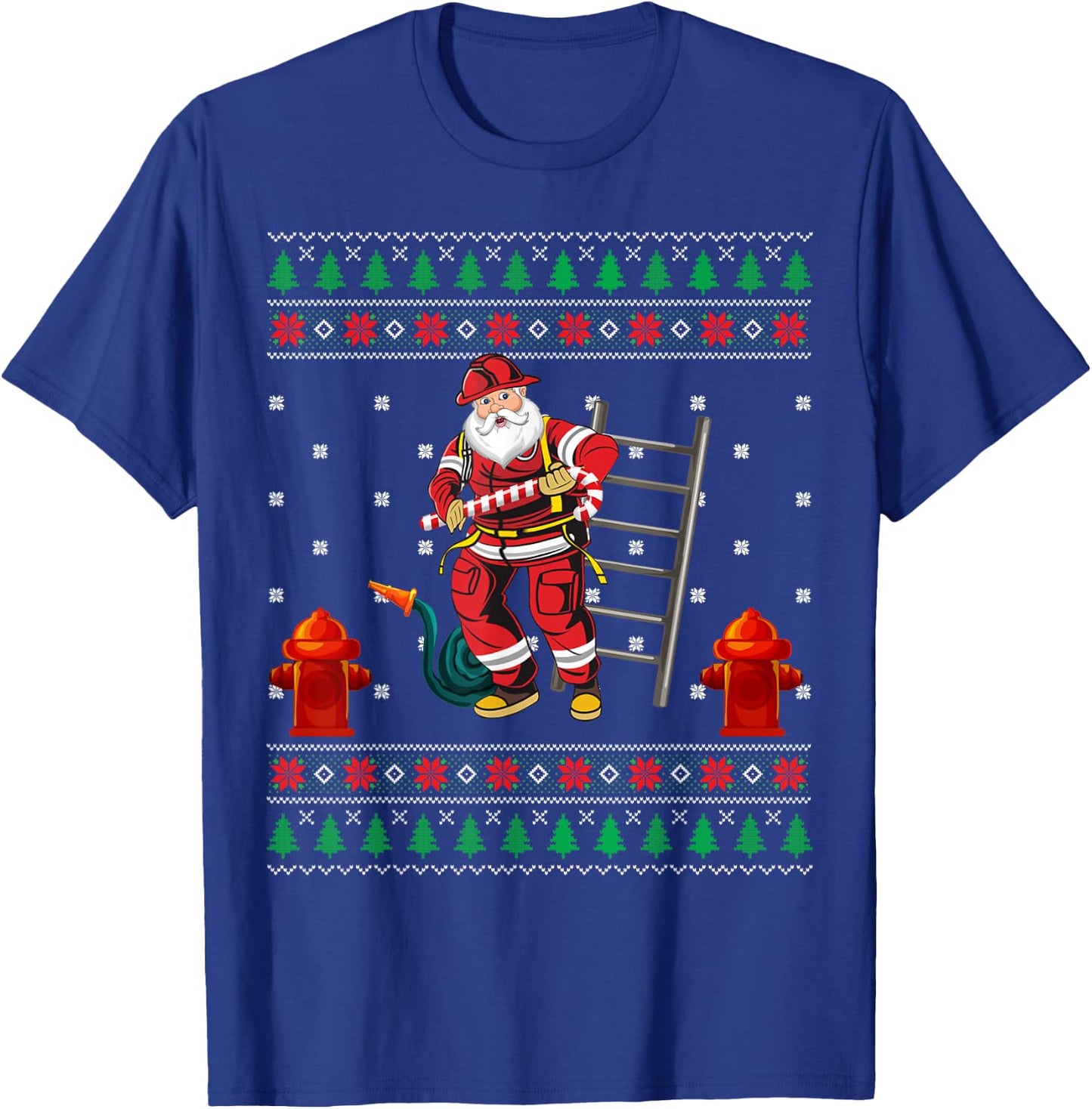 Funny Firefighter Fireman Ugly Christmas Santa Claus Pajama T-Shirt - T-Shirt | Royal