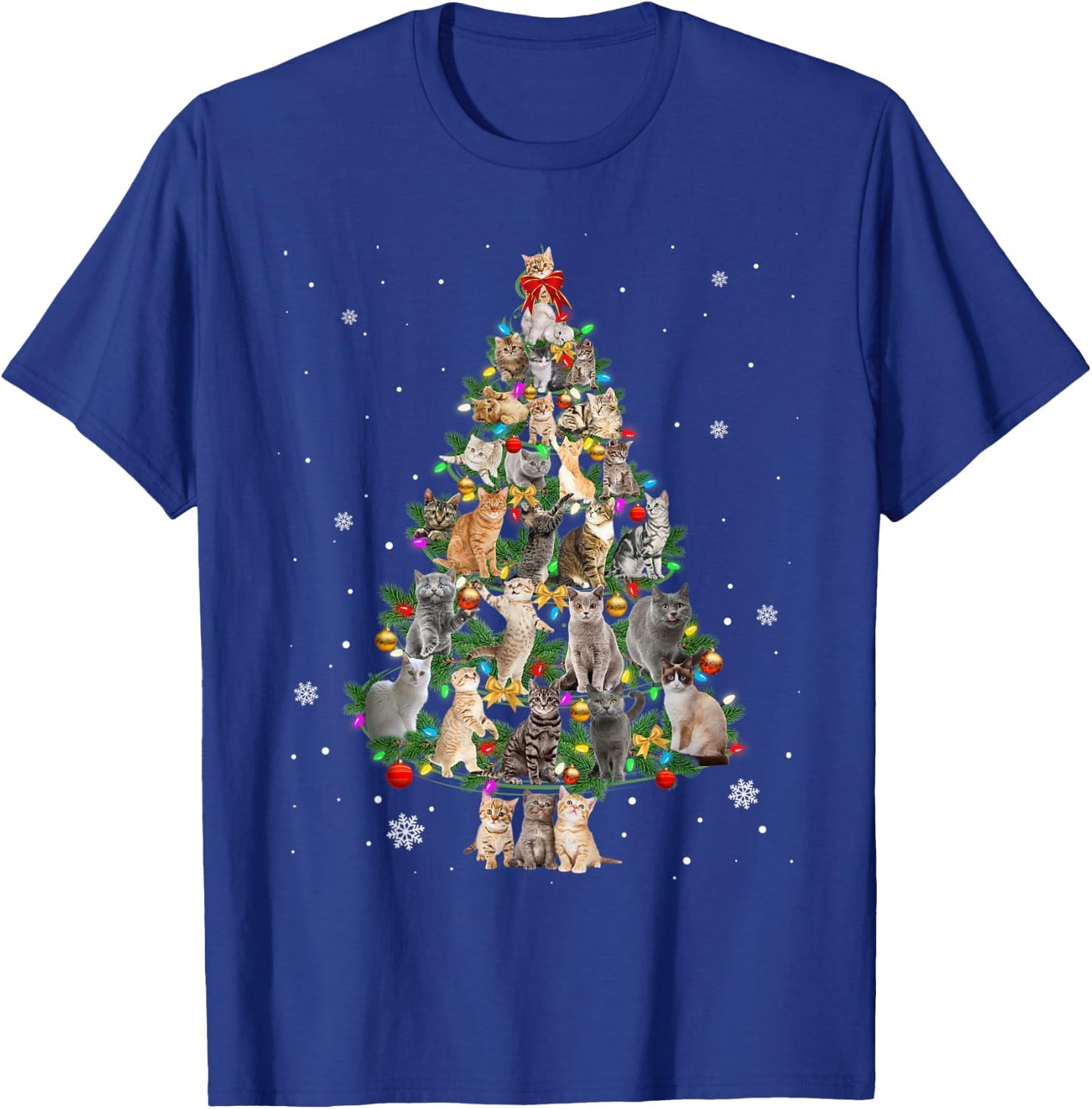 Meowy Xmas Cats Christmas Tree Lights Snow Kitten Funny Gift T-Shirt - T-Shirt | Royal