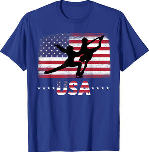 American Flag double ice figure skating USA Patriotic Team Women Men T-Shirt - T-Shirt | Royal