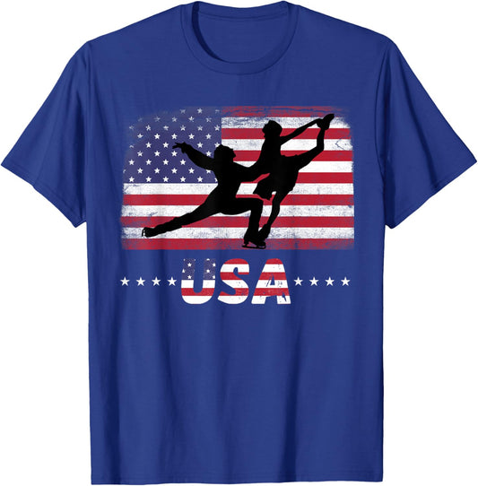 American Flag double ice figure skating USA Patriotic Team Women Men T-Shirt - T-Shirt | Royal