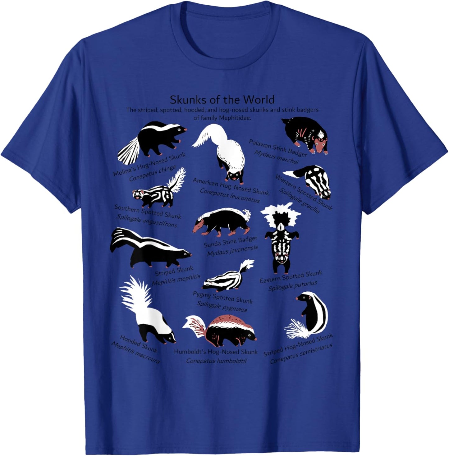 Skunks of the World: Species of Mephitidae T-Shirt - T-Shirt | Royal