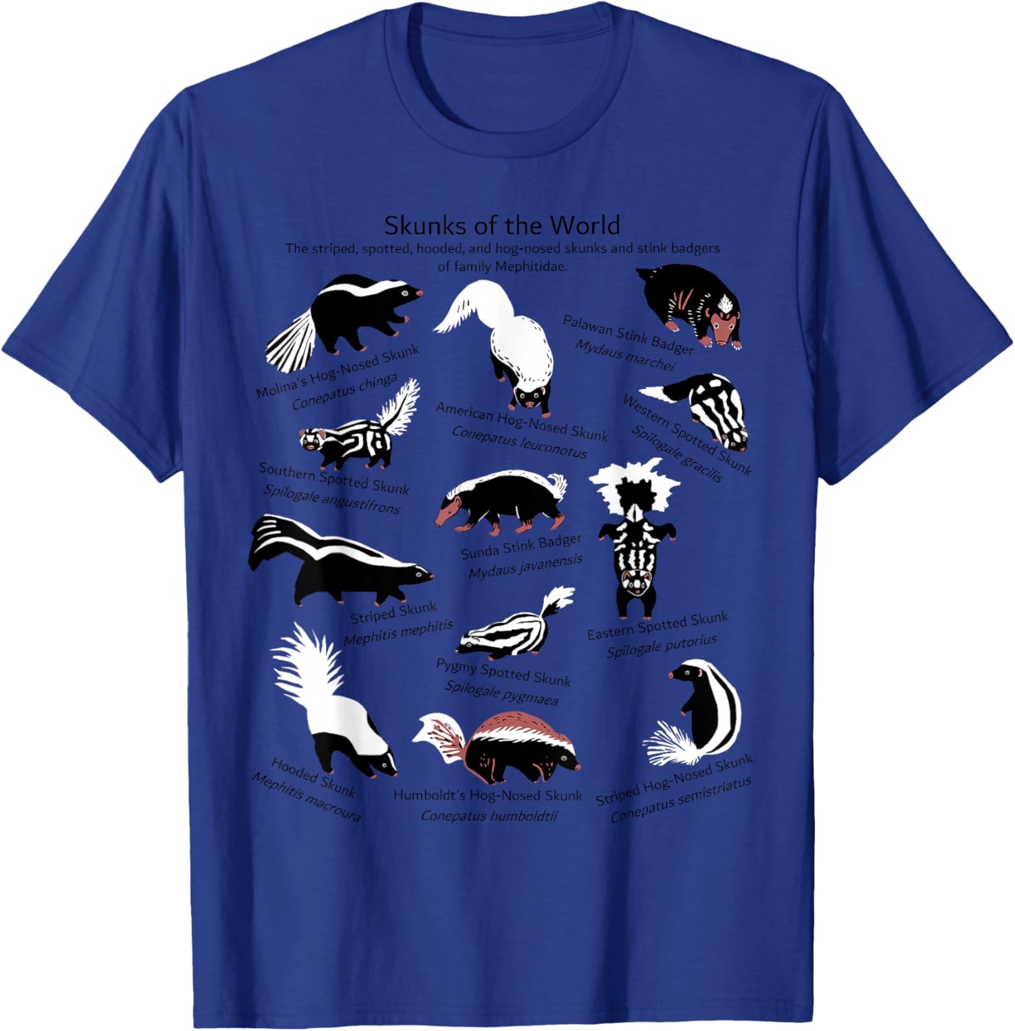 Skunks of the World: Species of Mephitidae T-Shirt - T-Shirt | Royal