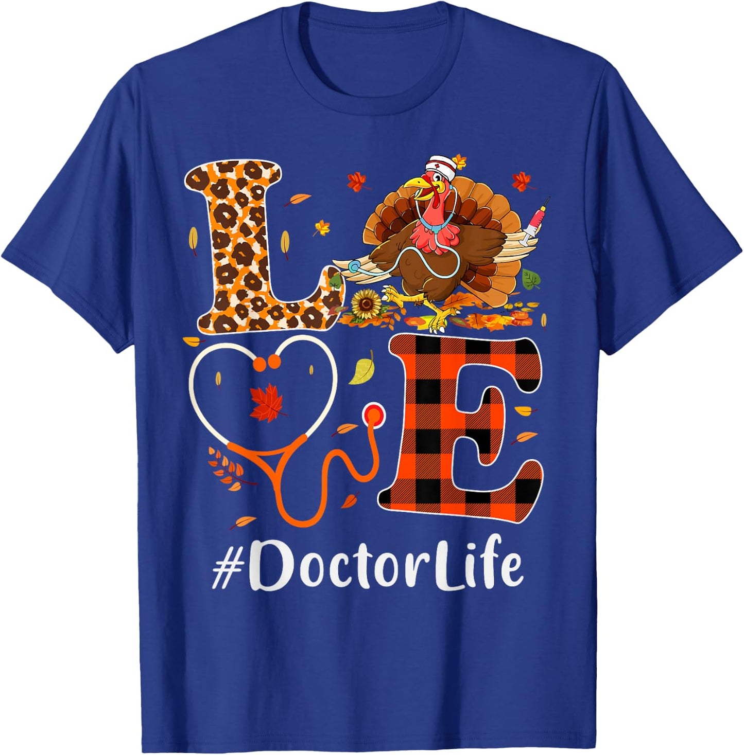 Doctor Love Thanksgiving Leopard Stethoscope Funny Turkey T-Shirt - T-Shirt | Royal