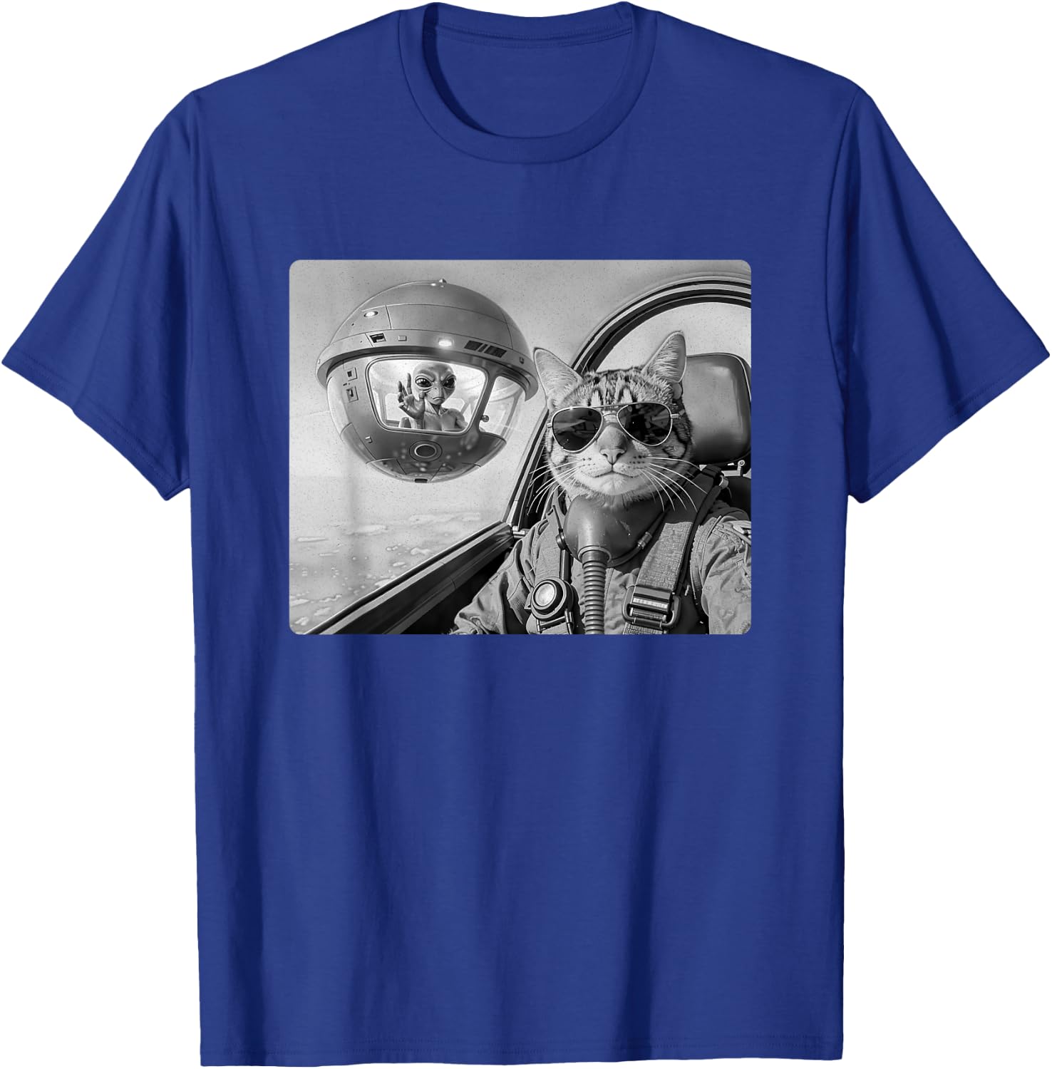 Pilot Cat Selfie with UFO and Alien Fighter Jet Cat Lovers T-Shirt - T-Shirt | Royal