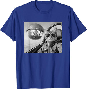 Pilot Cat Selfie with UFO and Alien Fighter Jet Cat Lovers T-Shirt - T-Shirt | Royal