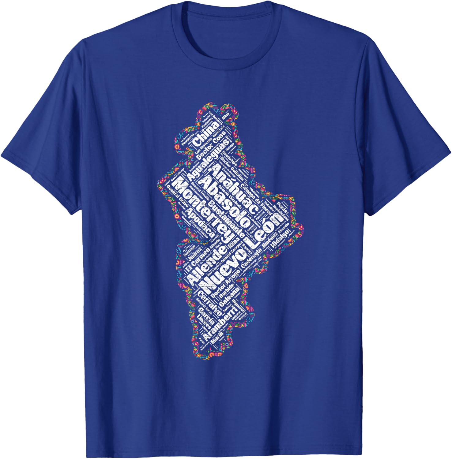 Mapa de Nuevo Leon Mexico y municipios flores mexicanas T-Shirt - T-Shirt | Royal