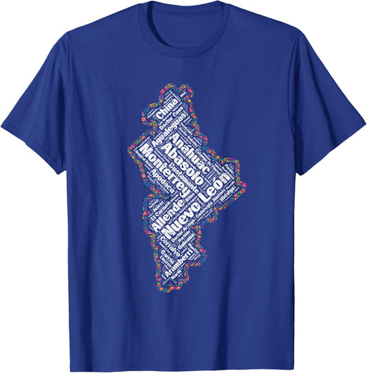 Mapa de Nuevo Leon Mexico y municipios flores mexicanas T-Shirt - T-Shirt | Royal