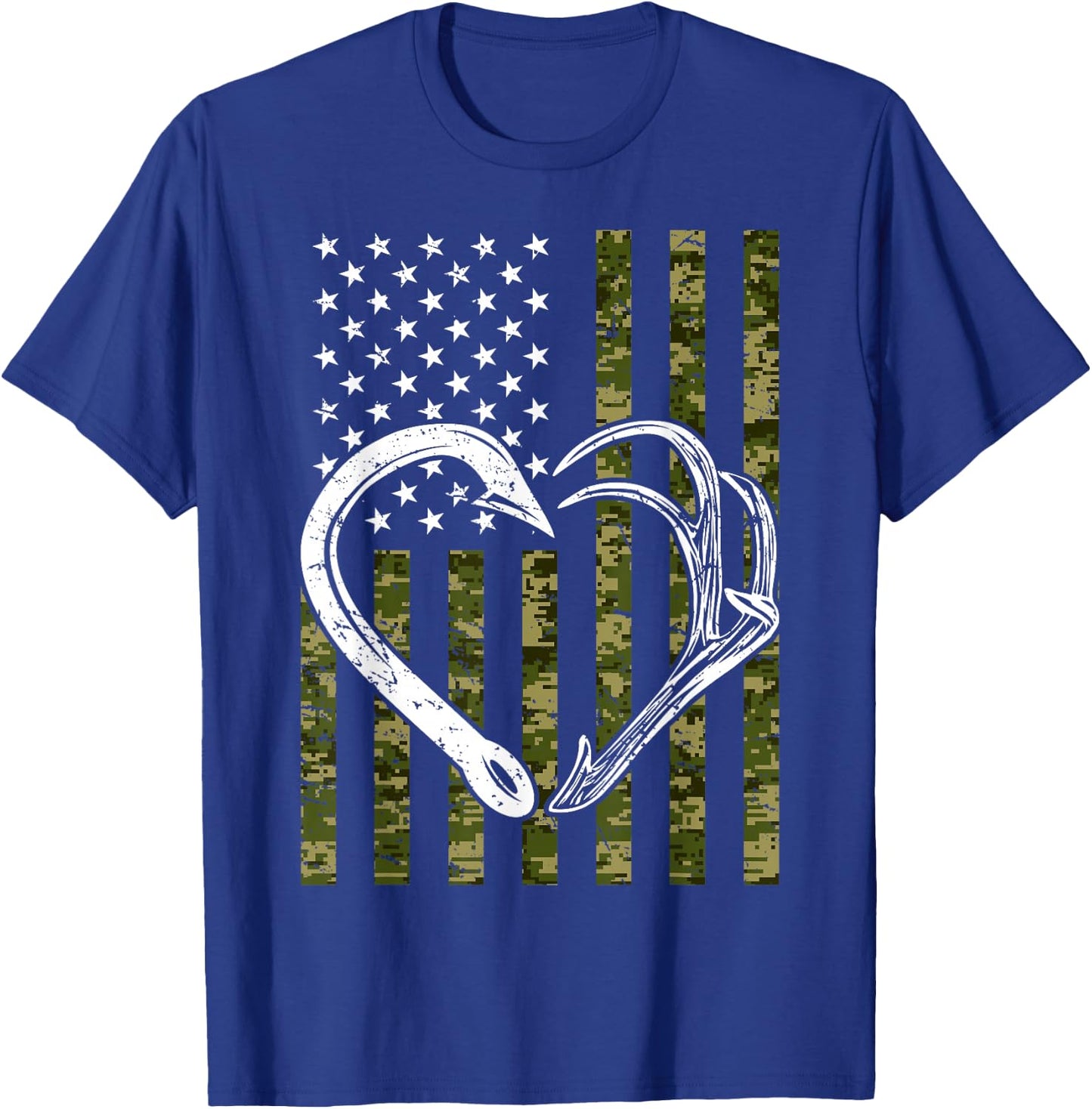 Fishing Hunting Hook Antler American Camoflauge USA Flag T-Shirt - T-Shirt | Royal