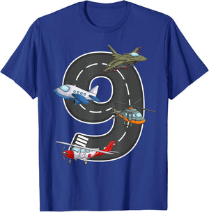 Little Pilot 9th Birthday Party 9 Nine Year Old Airplane T-Shirt - T-Shirt | Royal