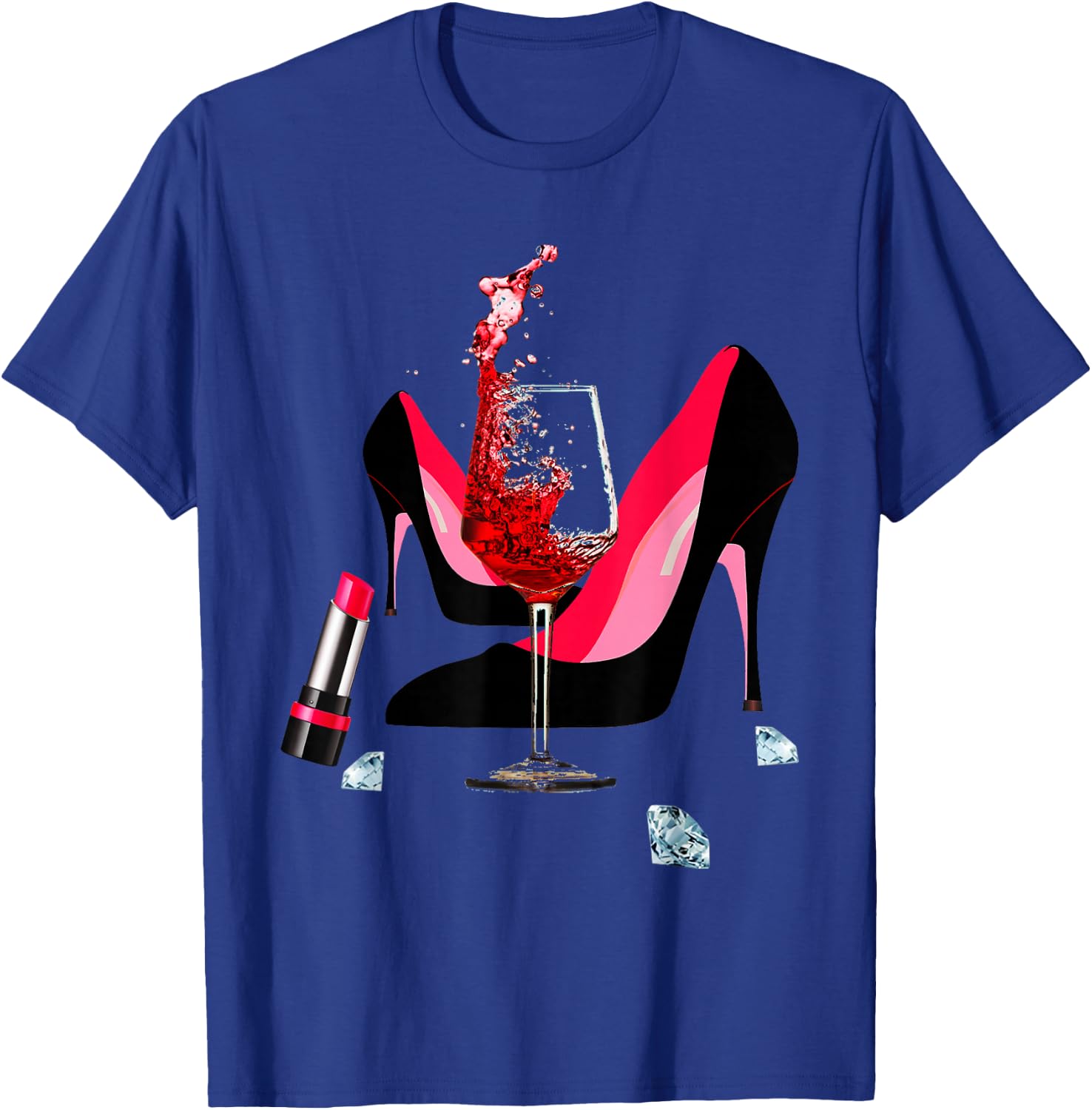 High Heel Shoes, red Lipstick, red Wine Glass and Diamonds T-Shirt - T-Shirt | Royal