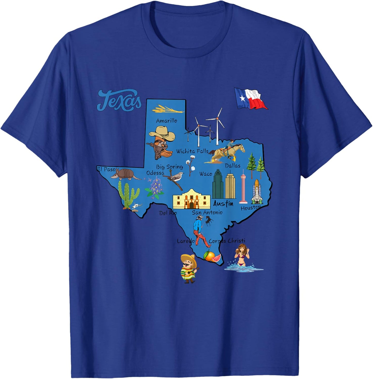 tourism map of Texas state, USA, cities, Landmarks, flag T-Shirt - T-Shirt | Royal