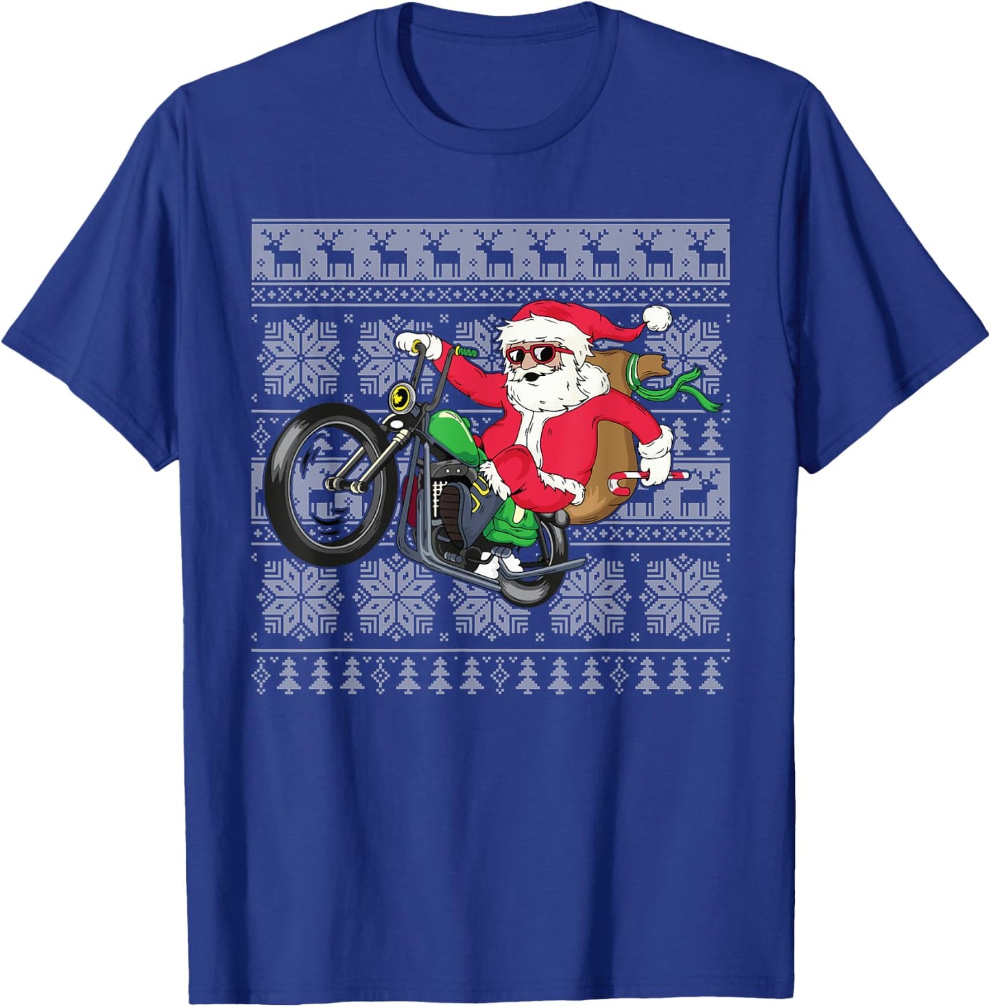 Santa on Motorcycle Ugly Christmas Sweater Xmas Gifts Men T-Shirt - T-Shirt | Royal