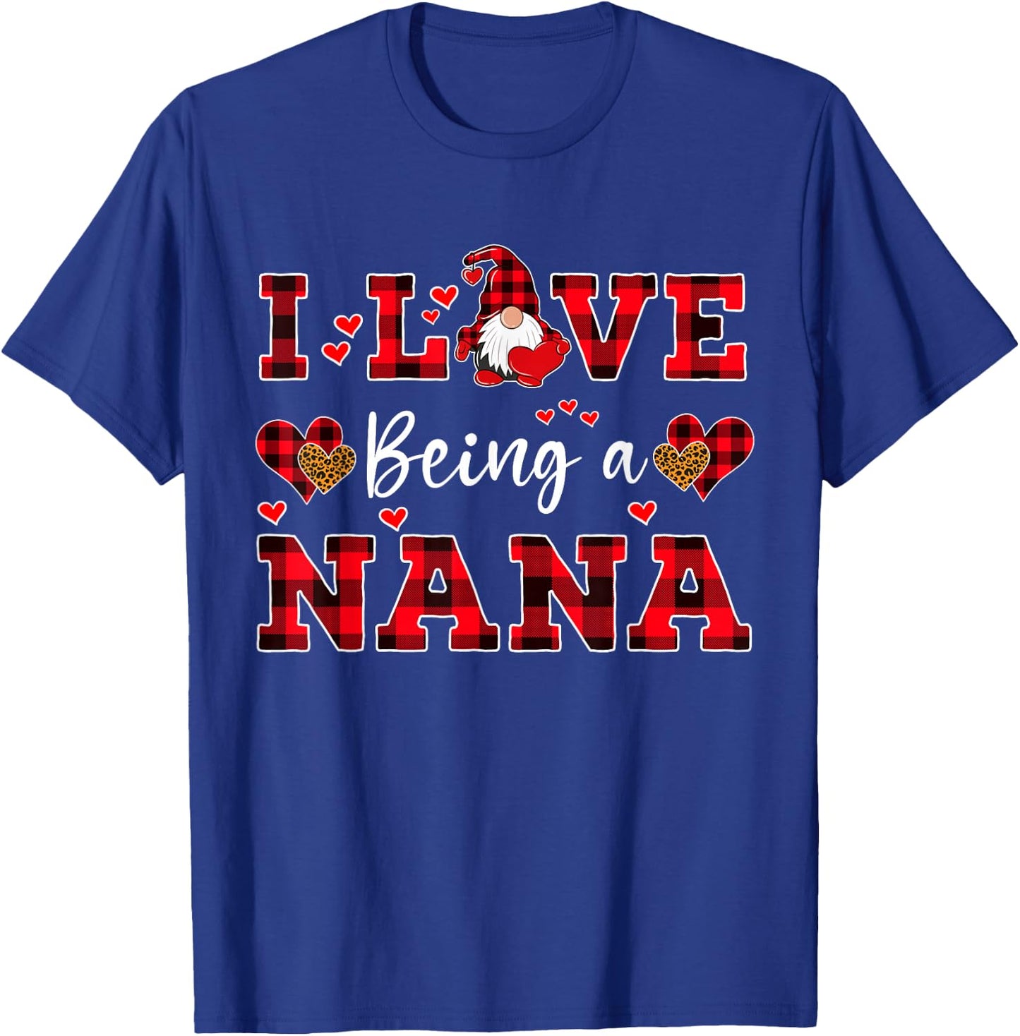Family Gnome Design I Love Being A Nana Gnome Women's Classic Fit Black Short Sleeve Heart Plaid T-Shirt - T-Shirt | Royal