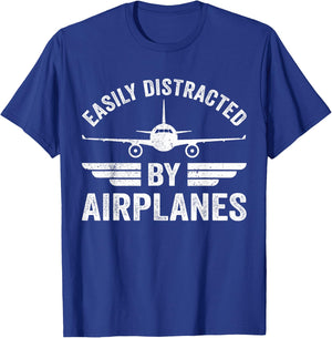 Easily Distracted By Airplanes Funny Aviation Pilot Airplane T-Shirt - T-Shirt | Royal