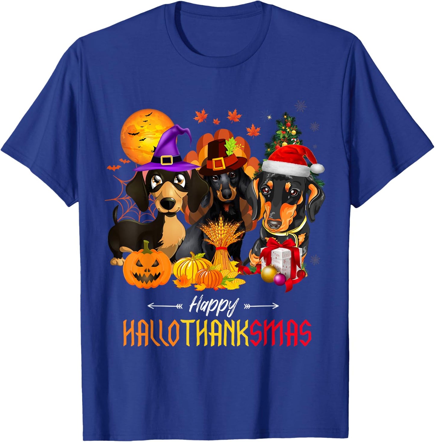 Dachshund Dog Halloween Merry Christmas Happy Hallothanksmas Men Women Kids T-Shirt - T-Shirt | Royal
