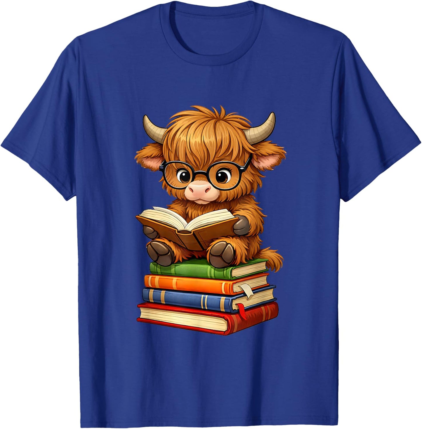 Cute Highland Cow with Glasses Reading Books T-Shirt - T-Shirt | Royal