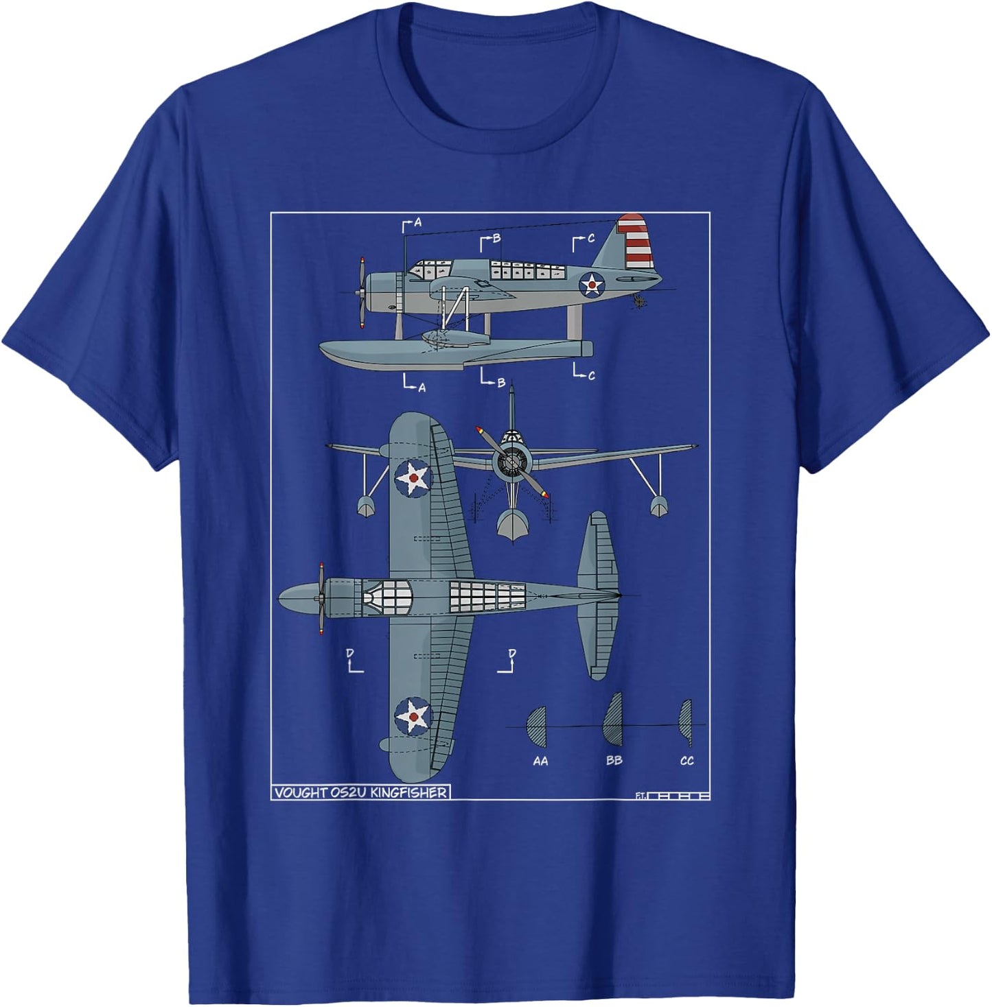 Vought OS2U Kingfisher American WW2 Floatplane Color Diagram T-Shirt - T-Shirt | Royal