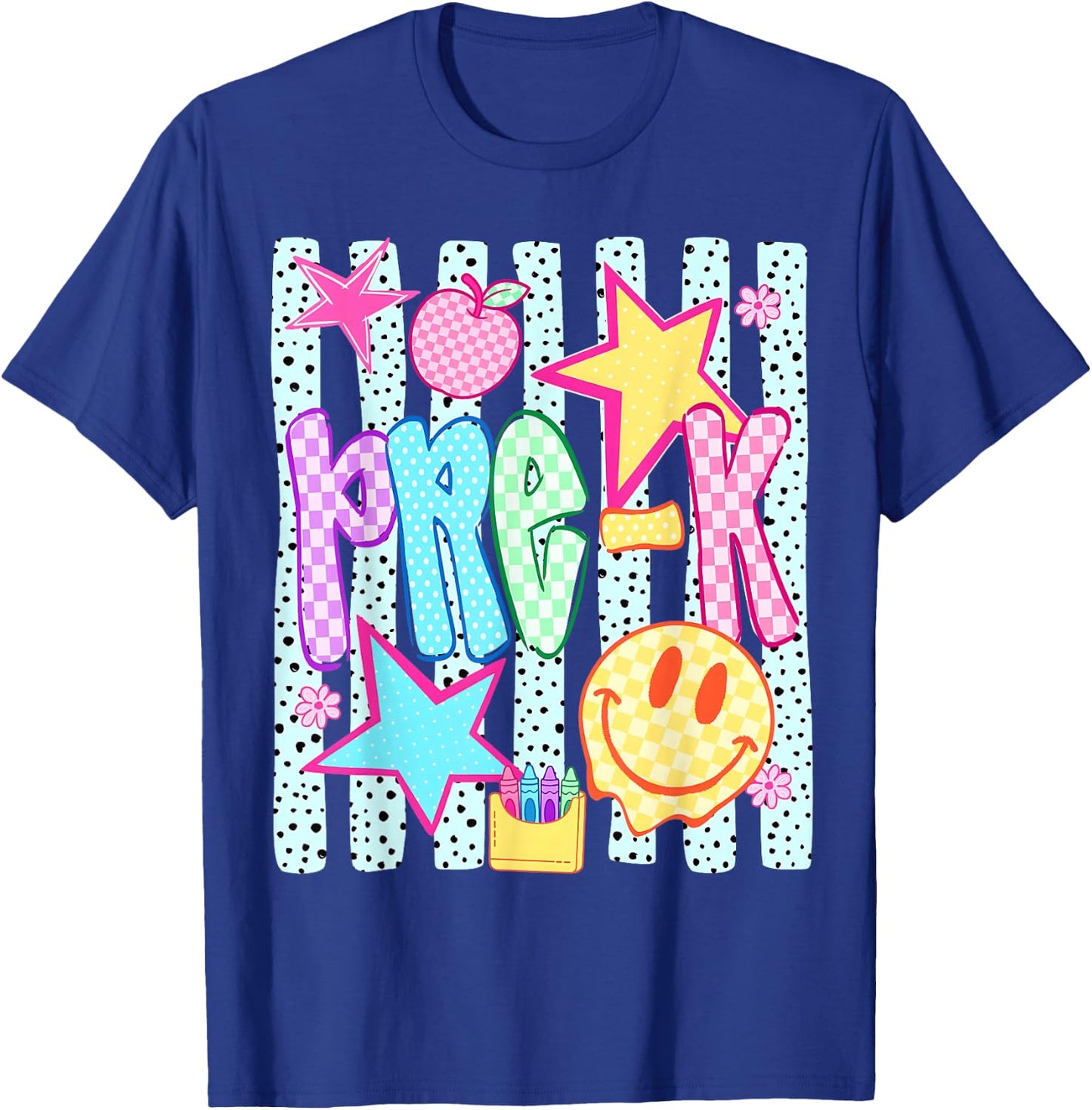 Back to School Colorful Pre K Checkered Girl Teacher T-Shirt - T-Shirt | Royal