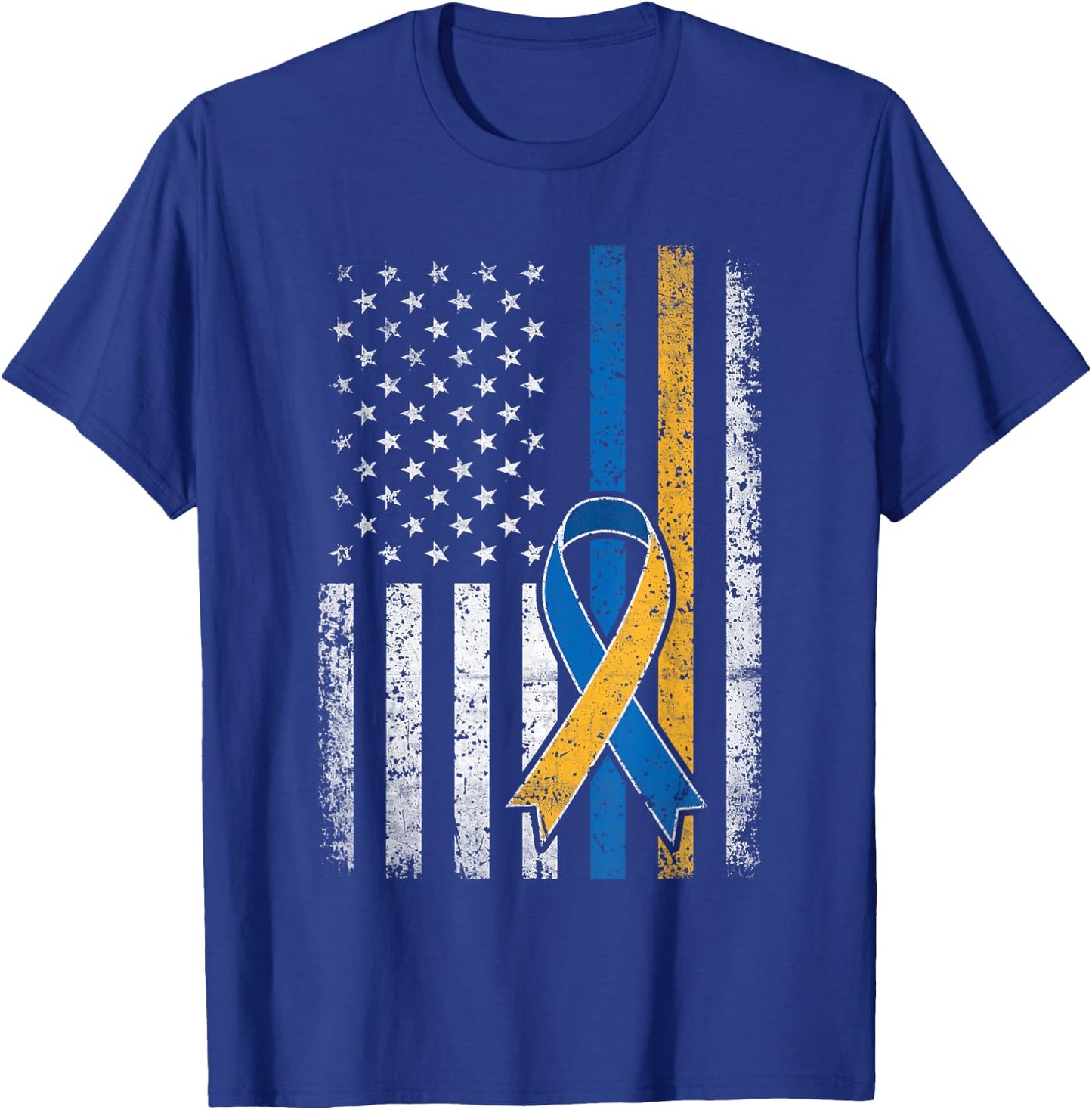 Down Syndrome Shirt USA Flag Retro Blue and Yellow Ribbon T-Shirt - T-Shirt | Royal