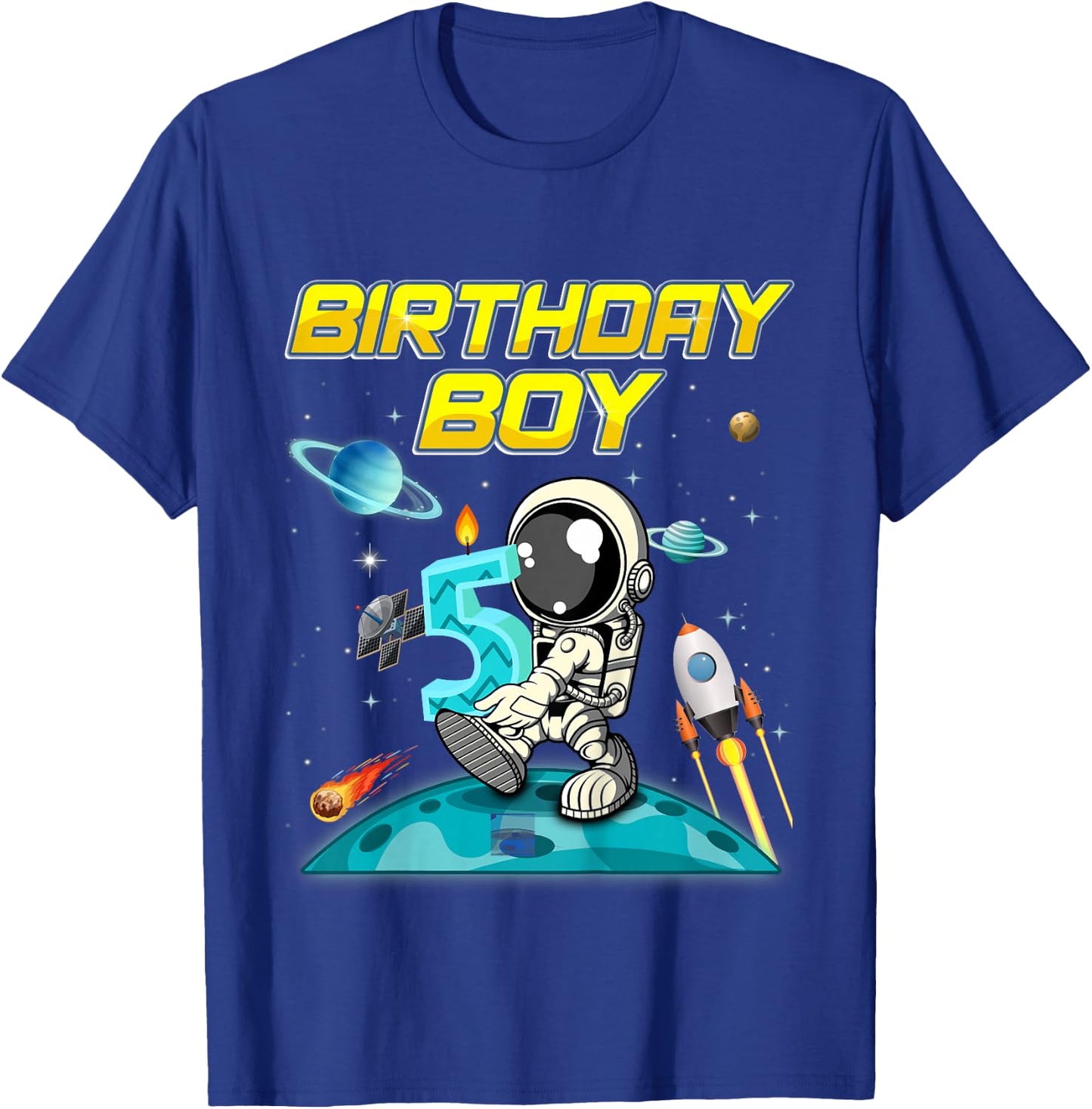 Kids 5 Year Old Outer Space Bday Boy Planets Astronaut 5th Gift T-Shirt - T-Shirt | Royal