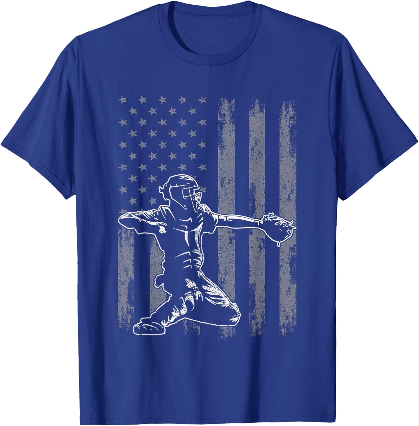 Baseball Catcher Shirt for Boys Men, Baseball USA Flag T-Shirt - T-Shirt | Royal