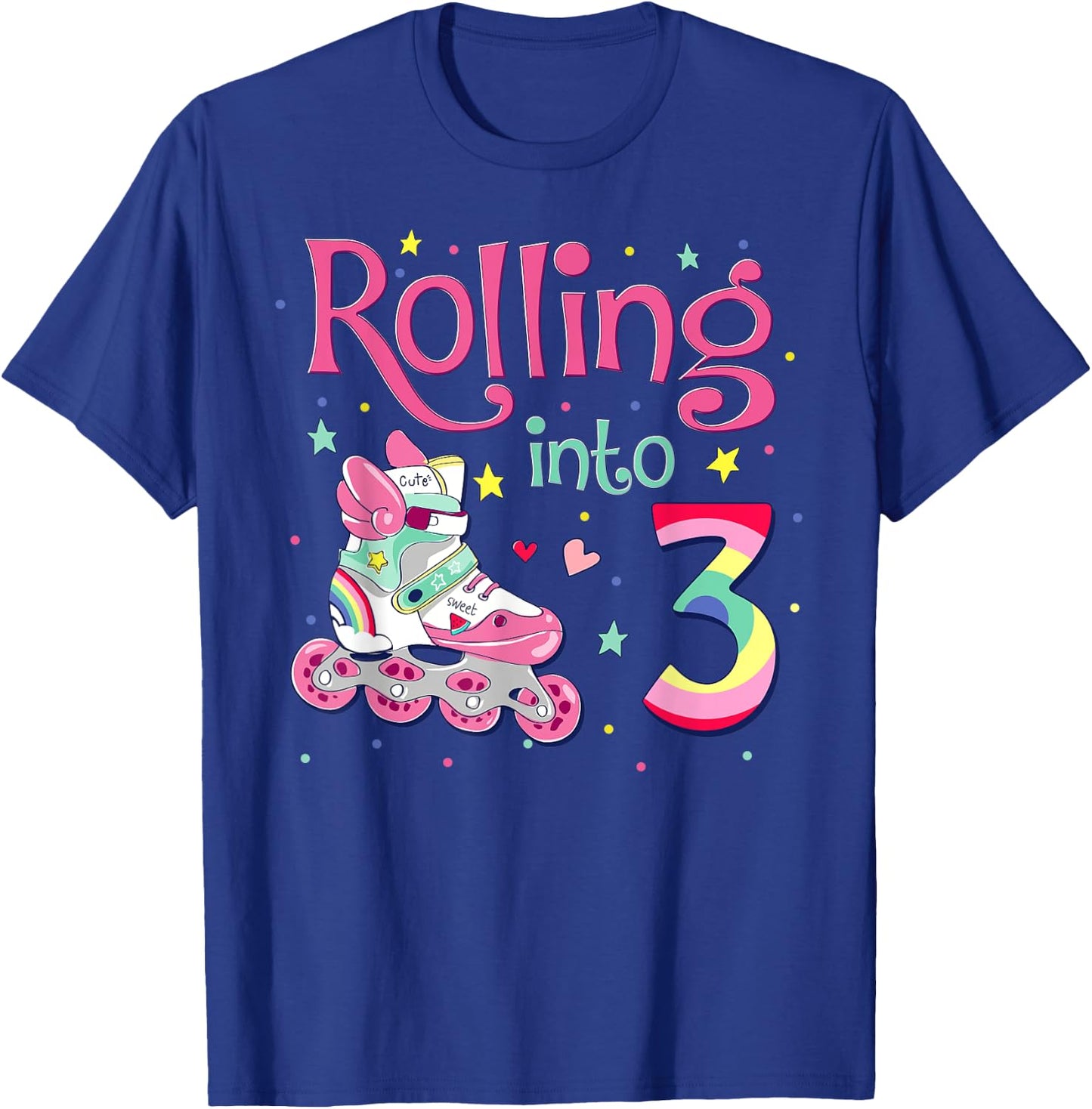 3rd Bday Rolling Into 3 Birthday Girl Roller Skate Party T-Shirt - T-Shirt | Royal