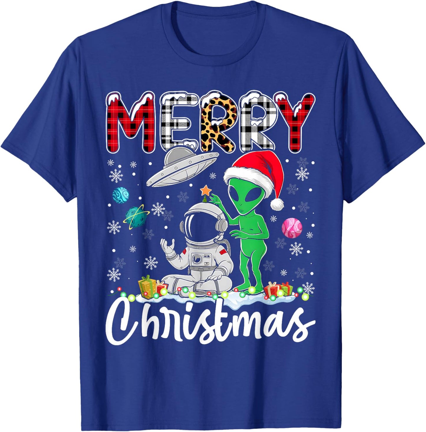 Alien Santa Astronaut UFO Christmas Snowflakes Xmas T-Shirt - T-Shirt | Royal
