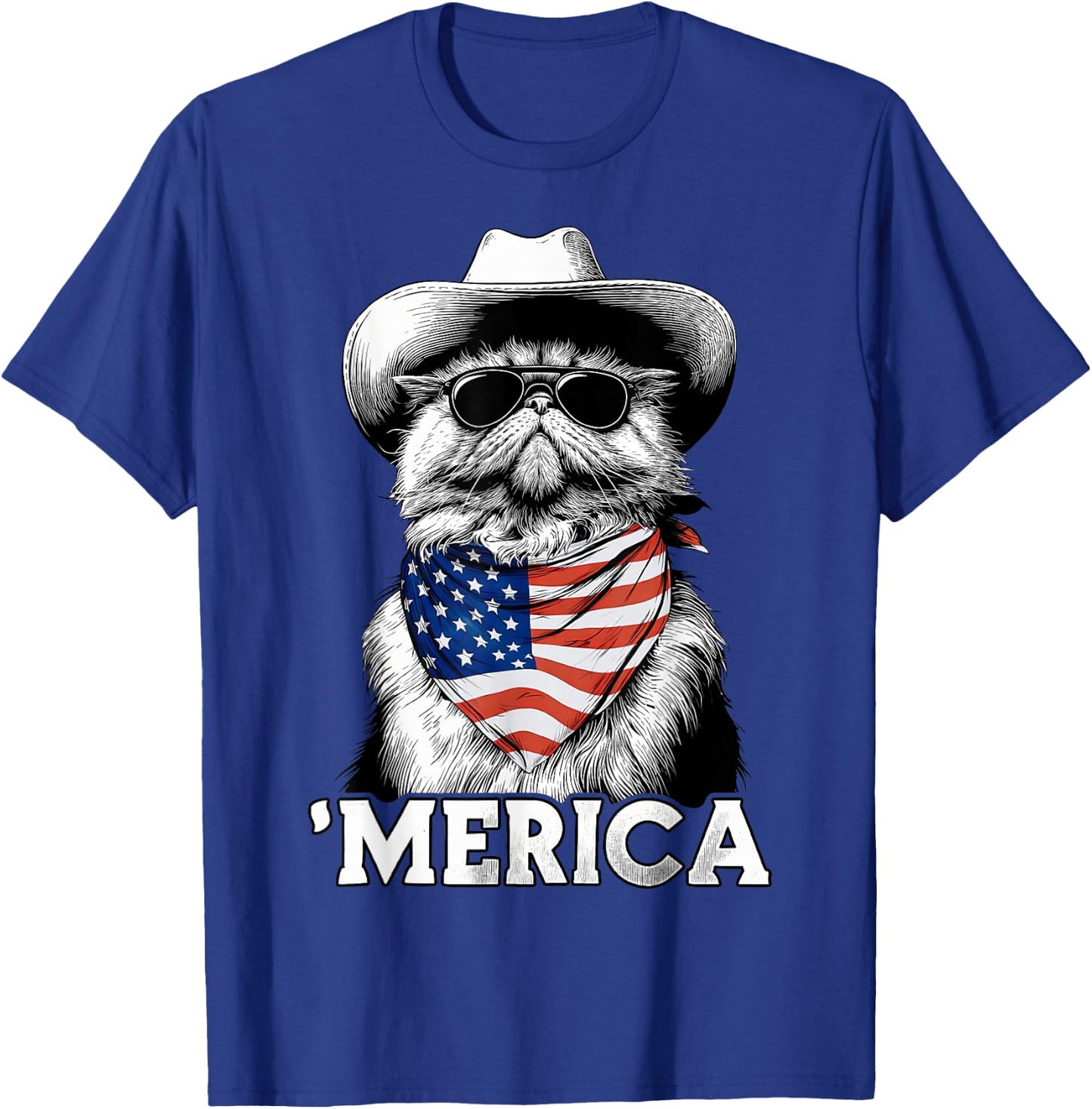 Persian Cat American Flag Bandana Cowboy Hat Sunglasses T-Shirt - T-Shirt | Royal