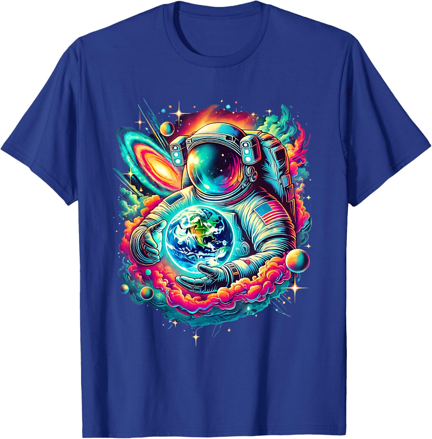Cosmic Astronaut Holding Earth Space Exploration Art Science T-Shirt - T-Shirt | Royal