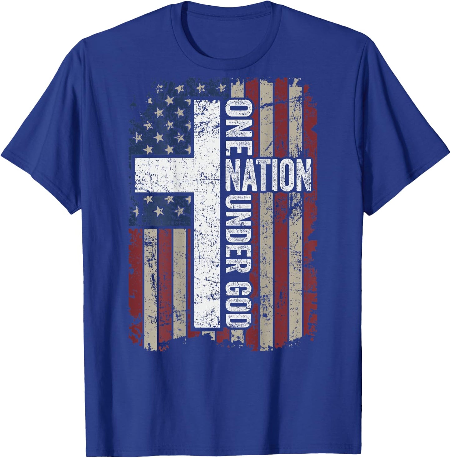 ONE NATION UNDER GOD - Christian Worship USA Flag - ON BACK T-Shirt - T-Shirt | Royal