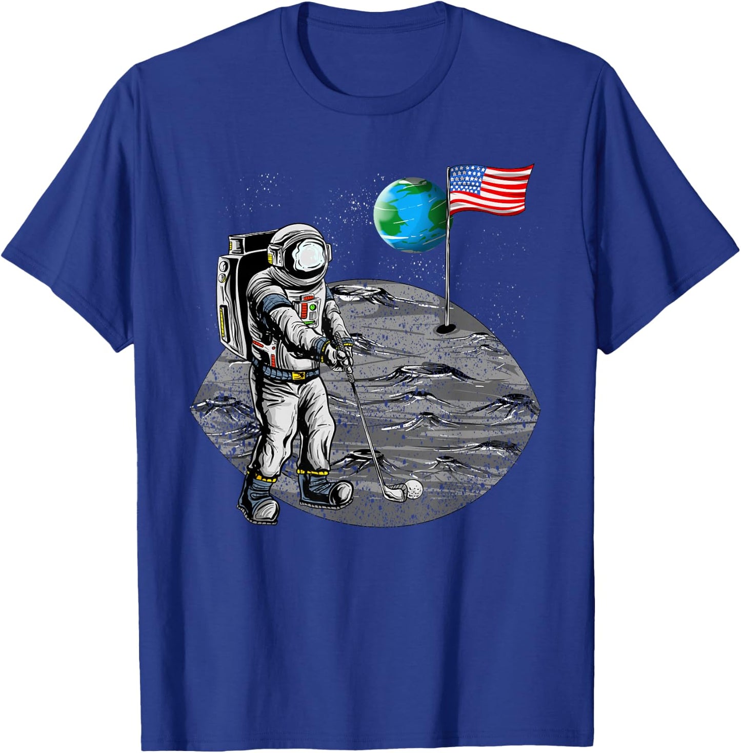 Cute Astronaut Golf US Flag Moon Funny Astronomy Golfer Gift T-Shirt - T-Shirt | Royal