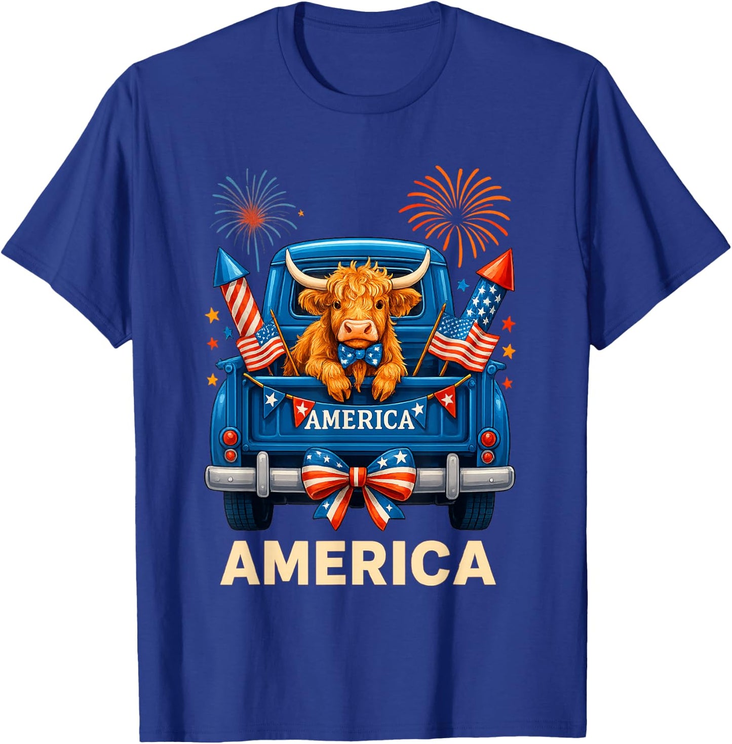 Patriotic Truck Highland Cow Cute 4th of July American Flag T-Shirt - T-Shirt | Royal